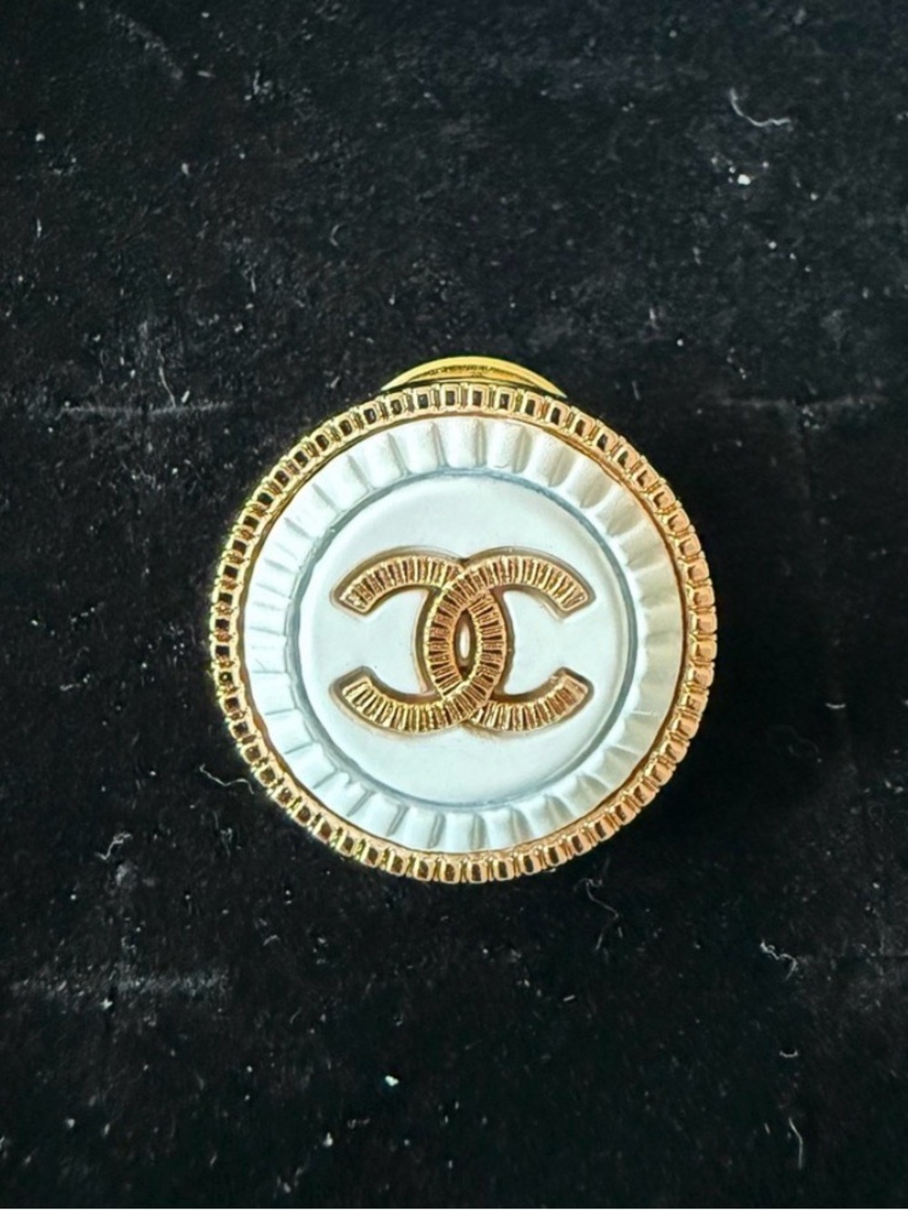 Gold and White C C Logo Round Brooch/Pin